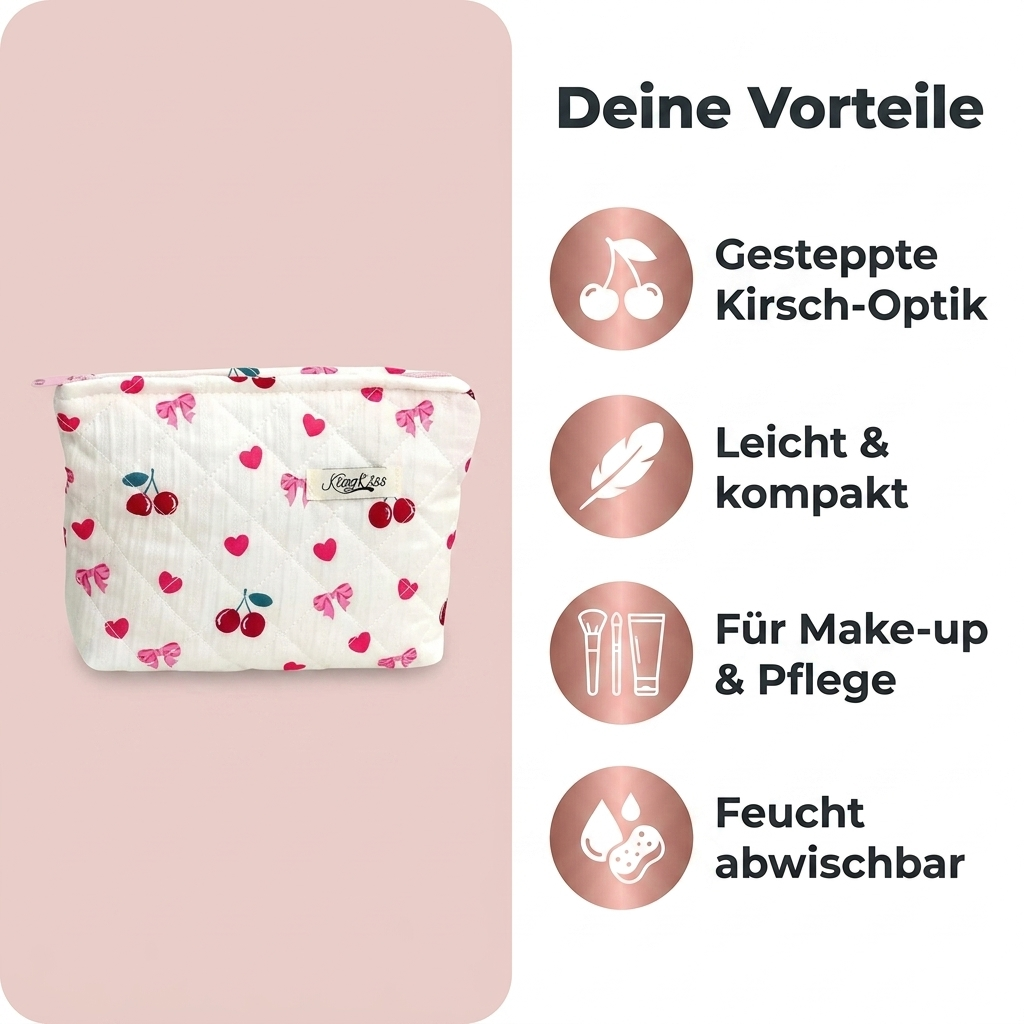 Kosmetiktasche Kirsche Vorteile gesteppte Optik leicht kompakt fuer Make-up und Pflege feucht abwischbar