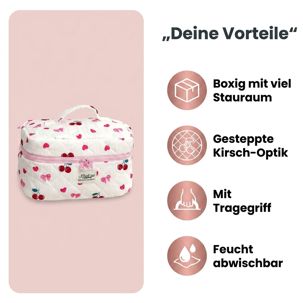 Kosmetikkoffer Kirsche Vorteile boxig viel Stauraum gesteppte Optik mit Tragegriff feucht abwischbar