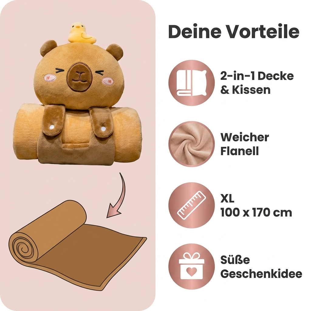 Capybara Decke Vorteile 2-in-1 Decke und Kissen weicher Flanell XL 100x170 cm suesse Geschenkidee