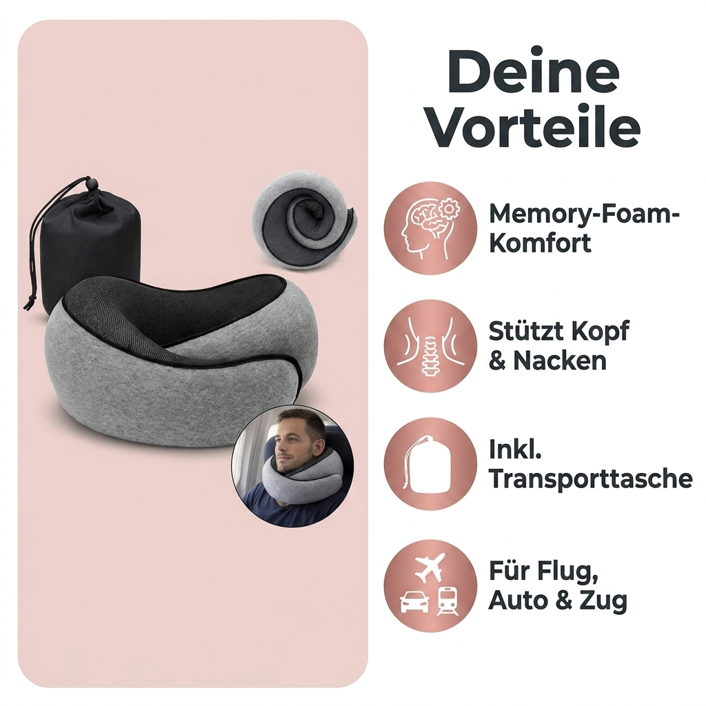 Reise Nackenkissen Vorteile Memory-Foam-Komfort stuetzt Kopf und Nacken inkl Transporttasche fuer Flug Auto Zug