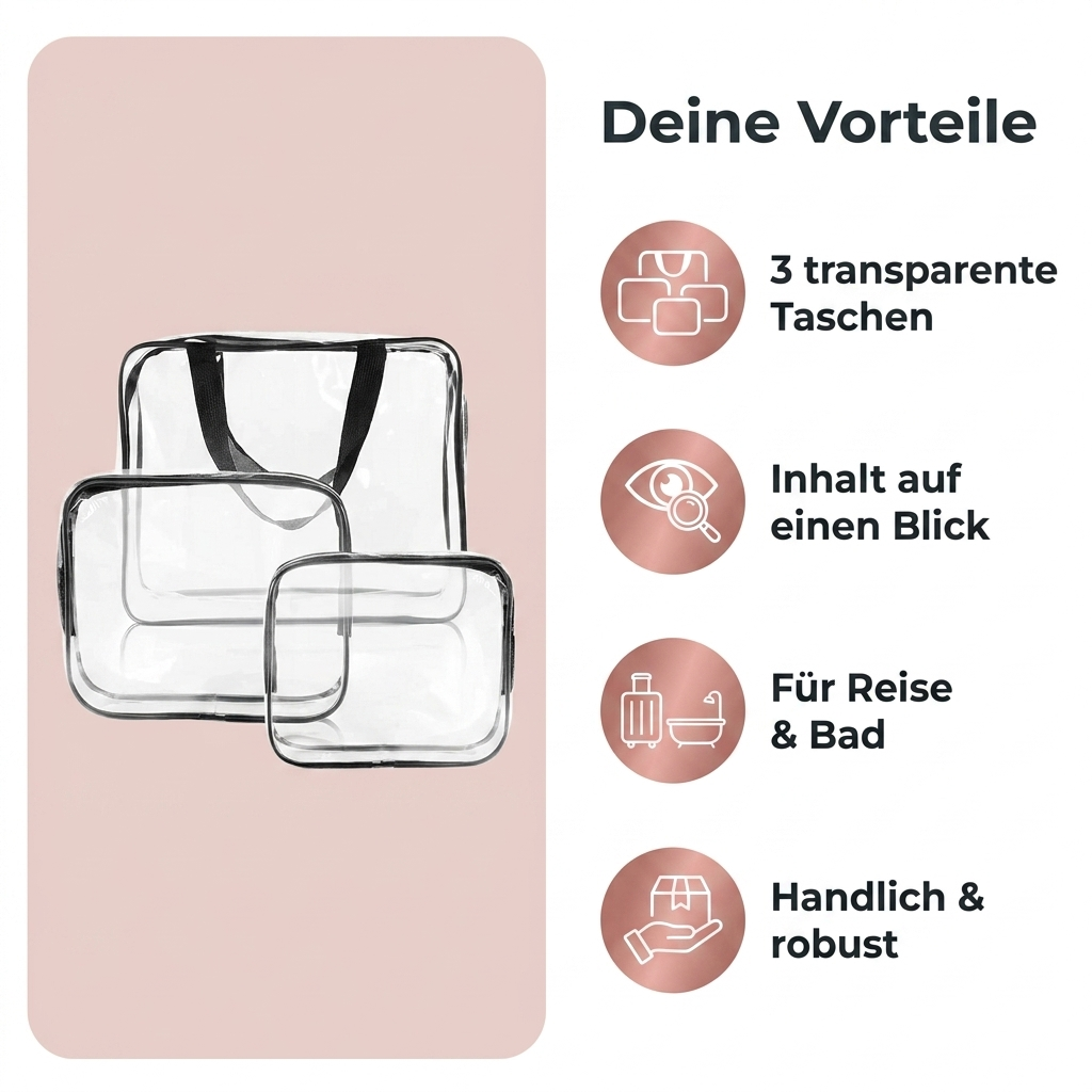 Kosmetiktaschen Set transparent Vorteile 3 transparente Taschen Inhalt auf einen Blick fuer Reise und Bad robust