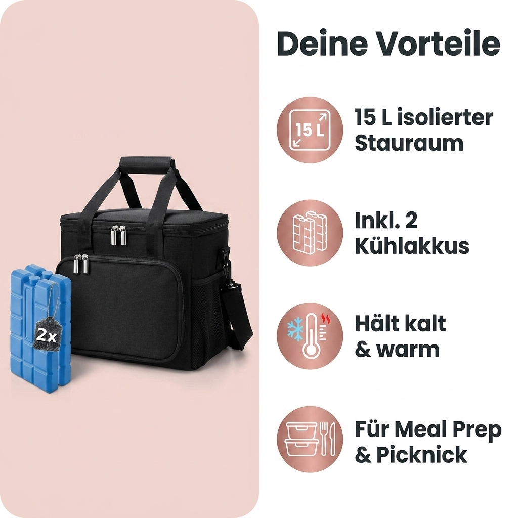 Thermotasche Lunchbag Vorteile 15 L isolierter Stauraum inkl 2 Kuehlakkus haelt kalt und warm fuer Meal Prep