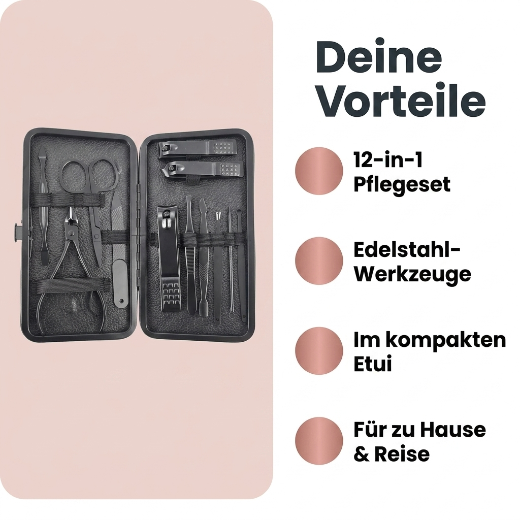 Manikuere Pedikuere Set Vorteile 12-in-1 Pflegeset Edelstahl-Werkzeuge im kompakten Etui fuer zu Hause und Reise