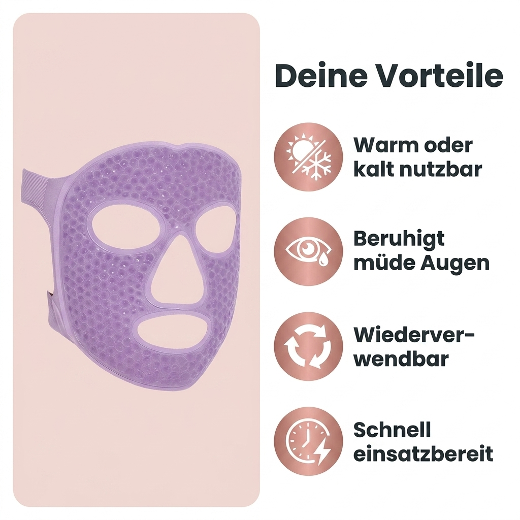 Gel Gesichtsmaske Vorteile warm oder kalt nutzbar beruhigt muede Augen wiederverwendbar schnell einsatzbereit