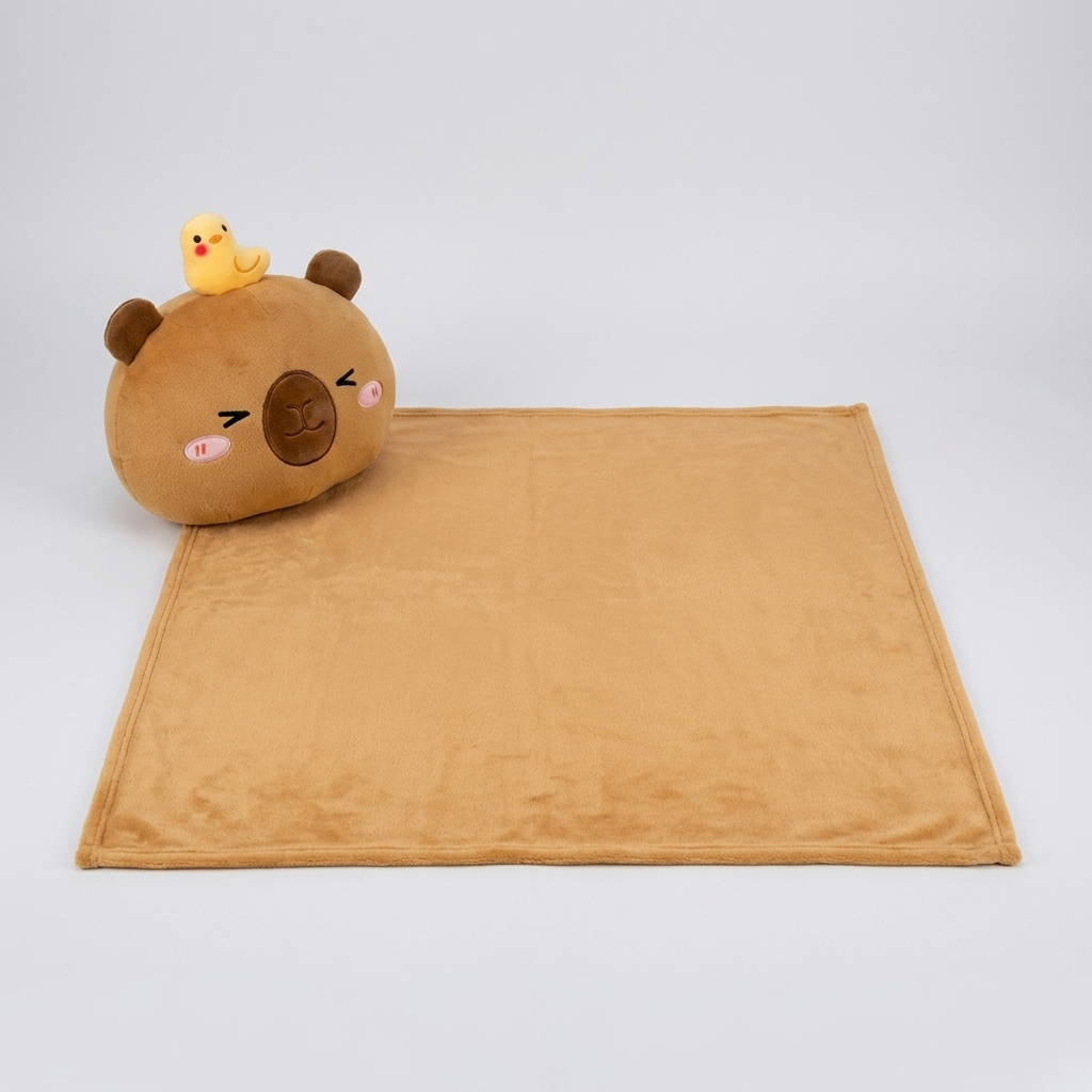 Capybara Decke ausgebreitet Tan Flanell mit Capybara Kopf daneben