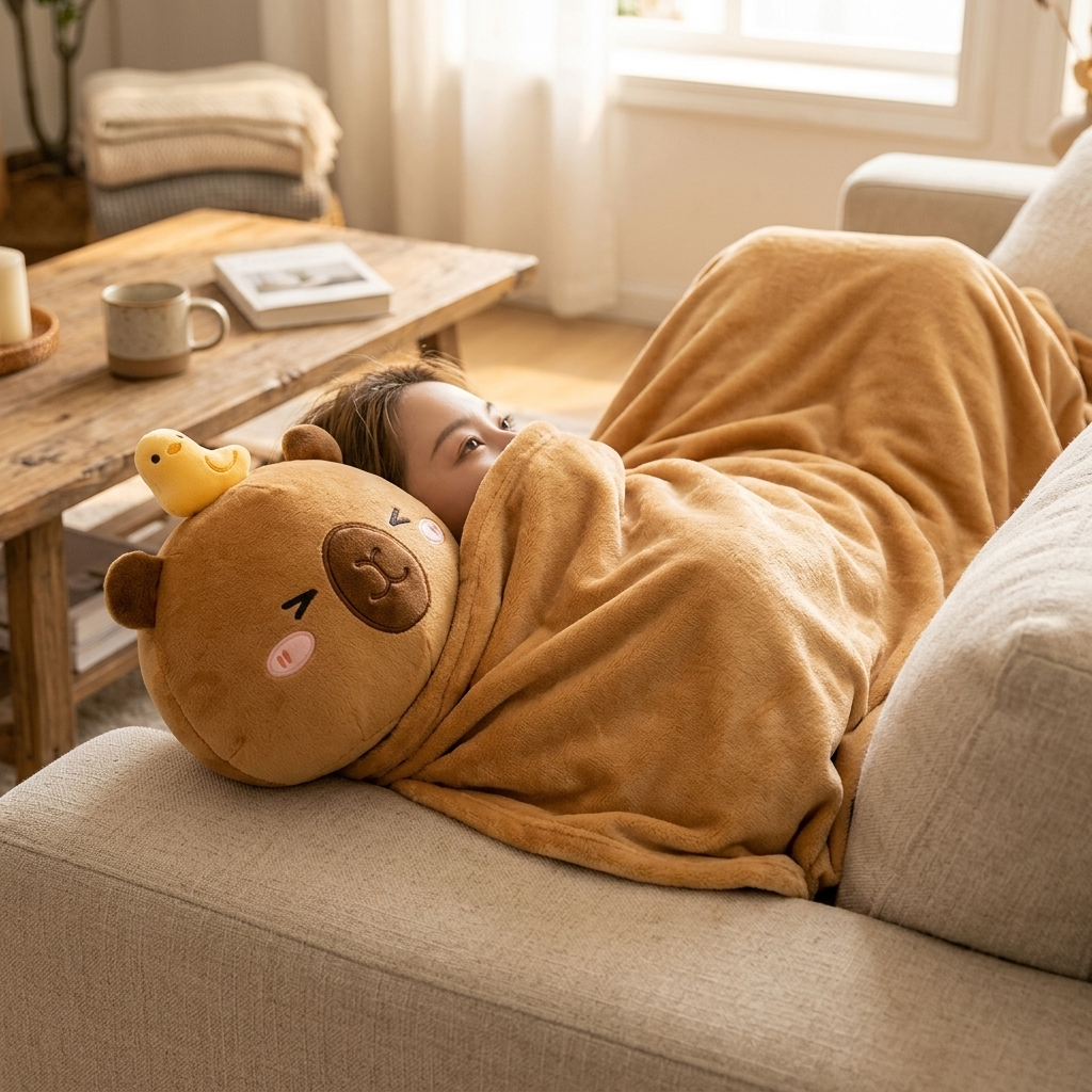 Person gemuetlich in die Capybara Kuscheldecke eingewickelt auf dem Sofa