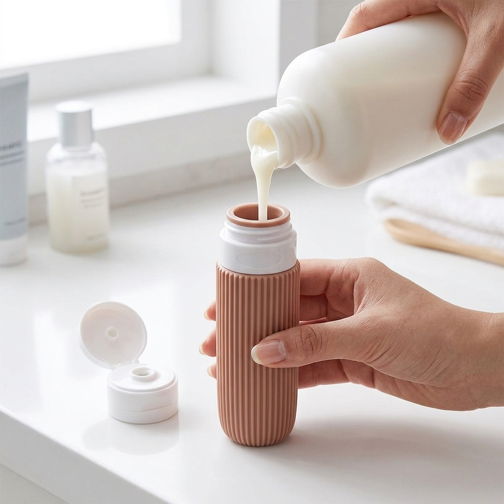 Silikon Reiseflasche wird realistisch mit Shampoo nachgefuellt