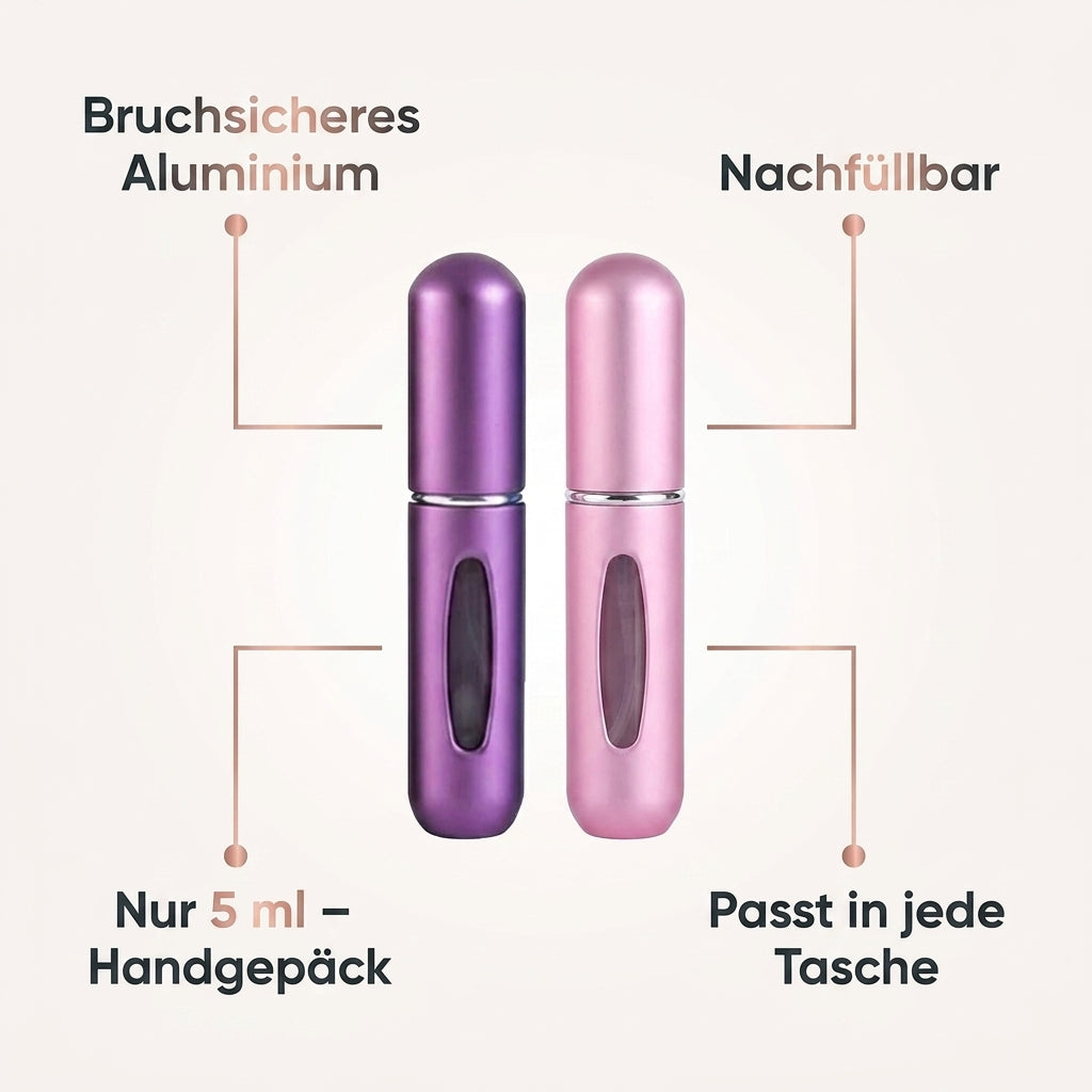 Reise-Parfuemzerstaeuber Aluminium Nutzenbild bruchsicher nachfuellbar 5 ml Handgepaeck passt in jede Tasche