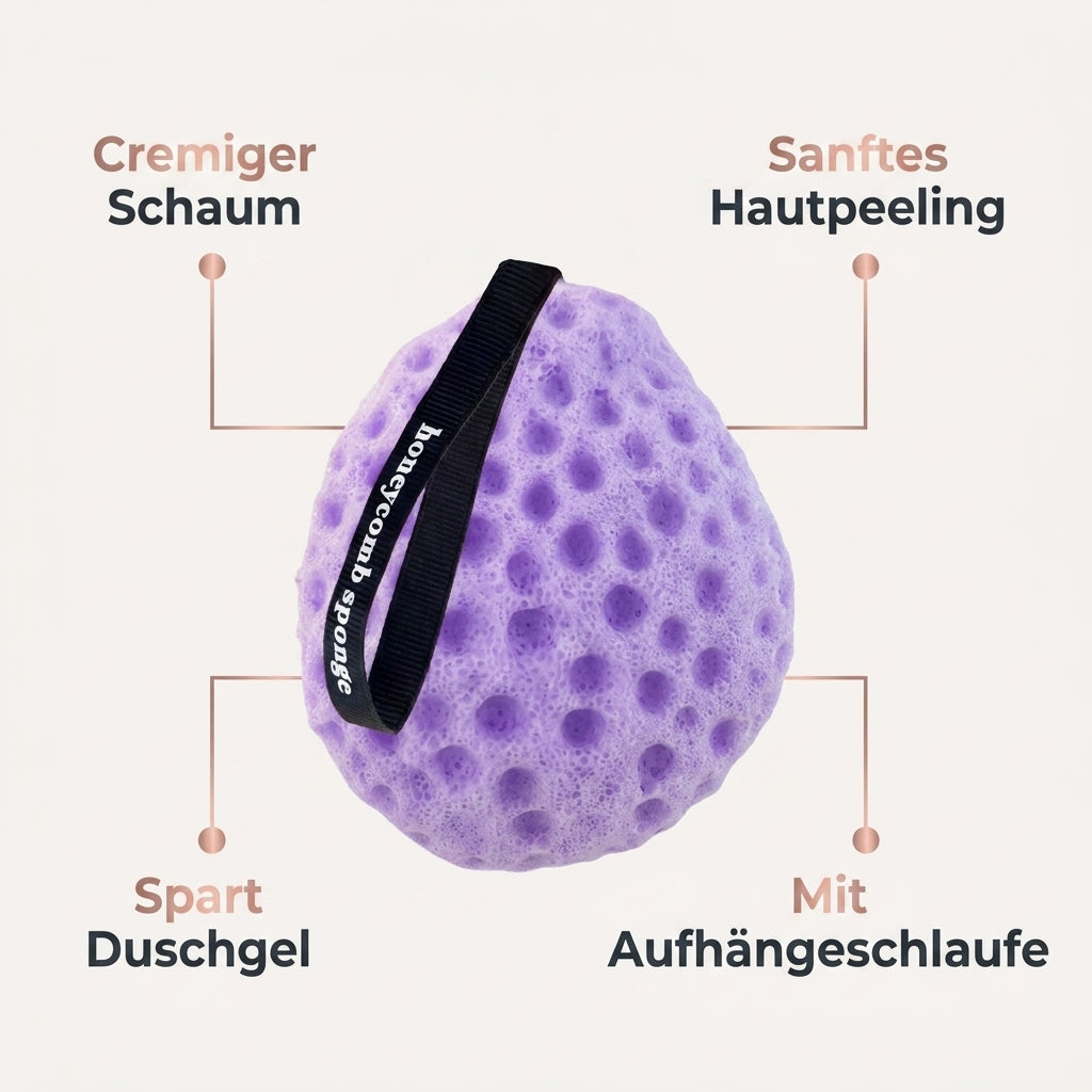 Waben-Badeschwamm Nutzenbild cremiger Schaum sanftes Hautpeeling spart Duschgel mit Aufhaengeschlaufe