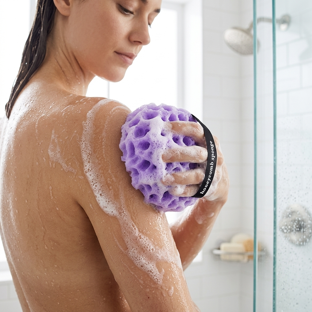Frau wäscht sich mit dem Waben-Badeschwamm unter der Dusche mit Schaum realistische Anwendung