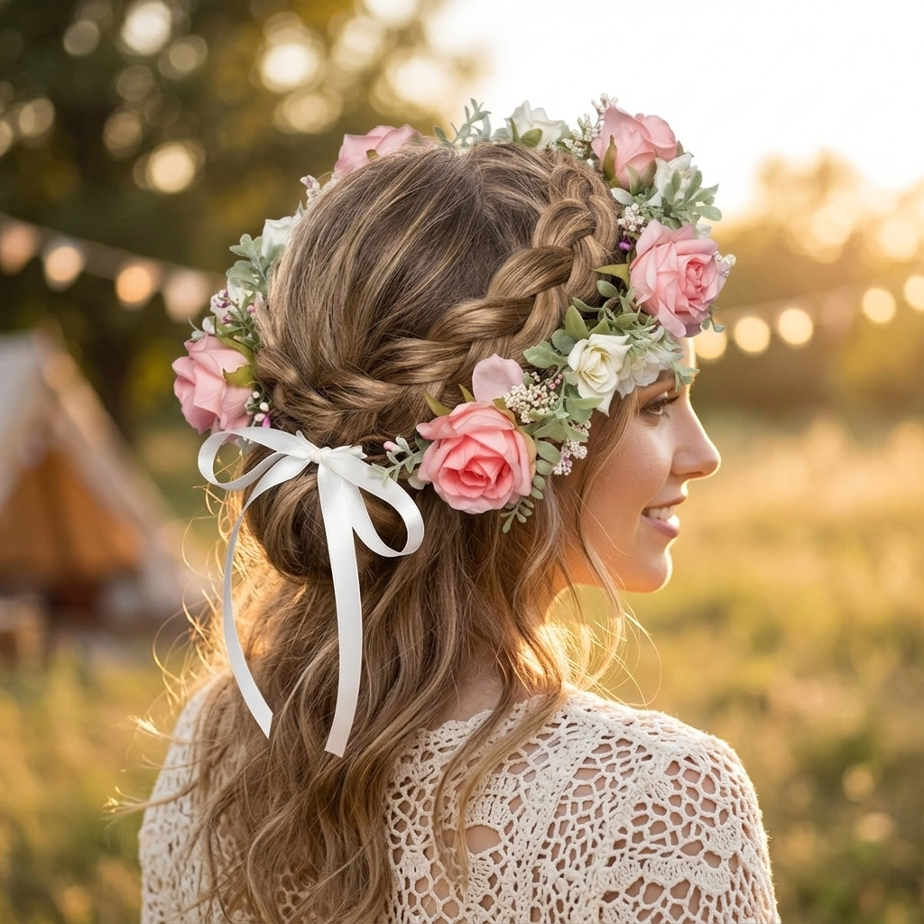 Frau traegt den BOHO Blumenkranz W95 im Freien realistische Anwendung