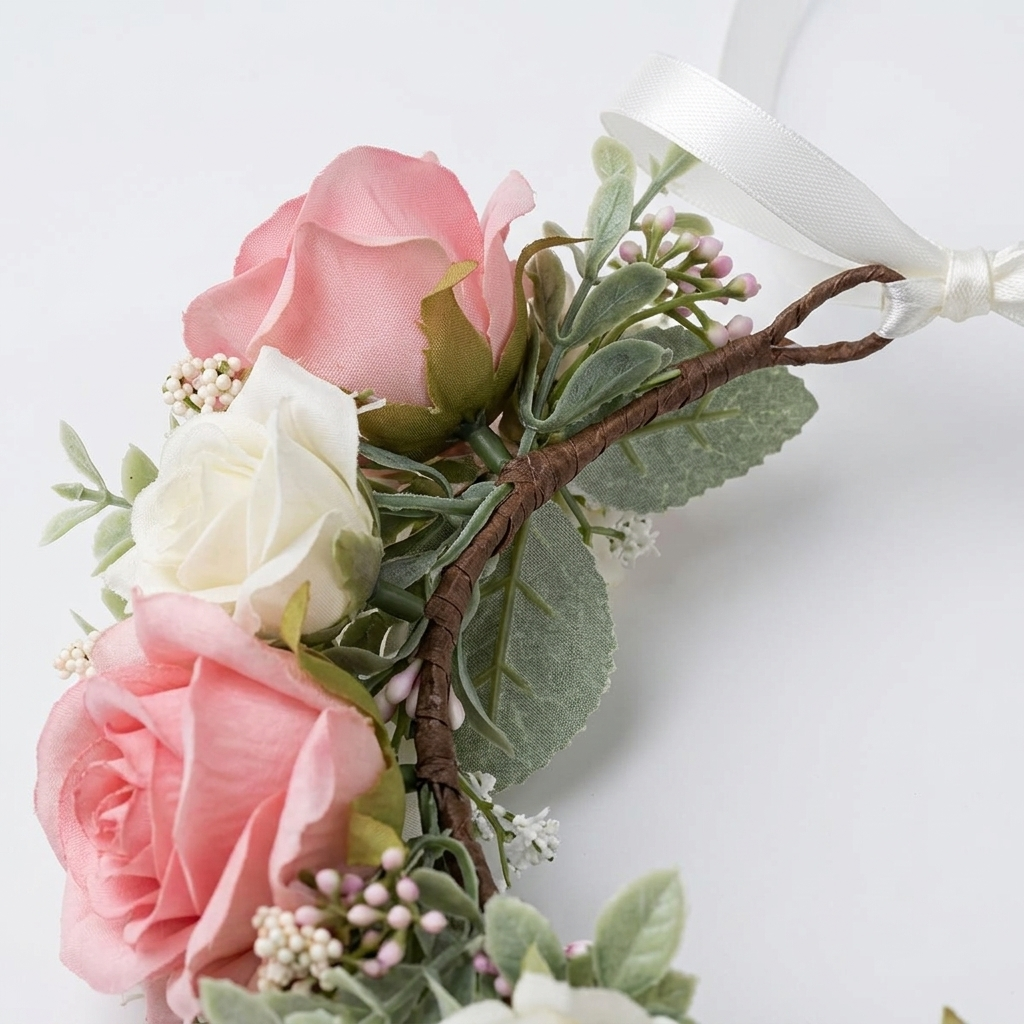 Blumenkranz BOHO W95 Detailaufnahme Kunstblumen Knospen Blaetter und Draht-Basis