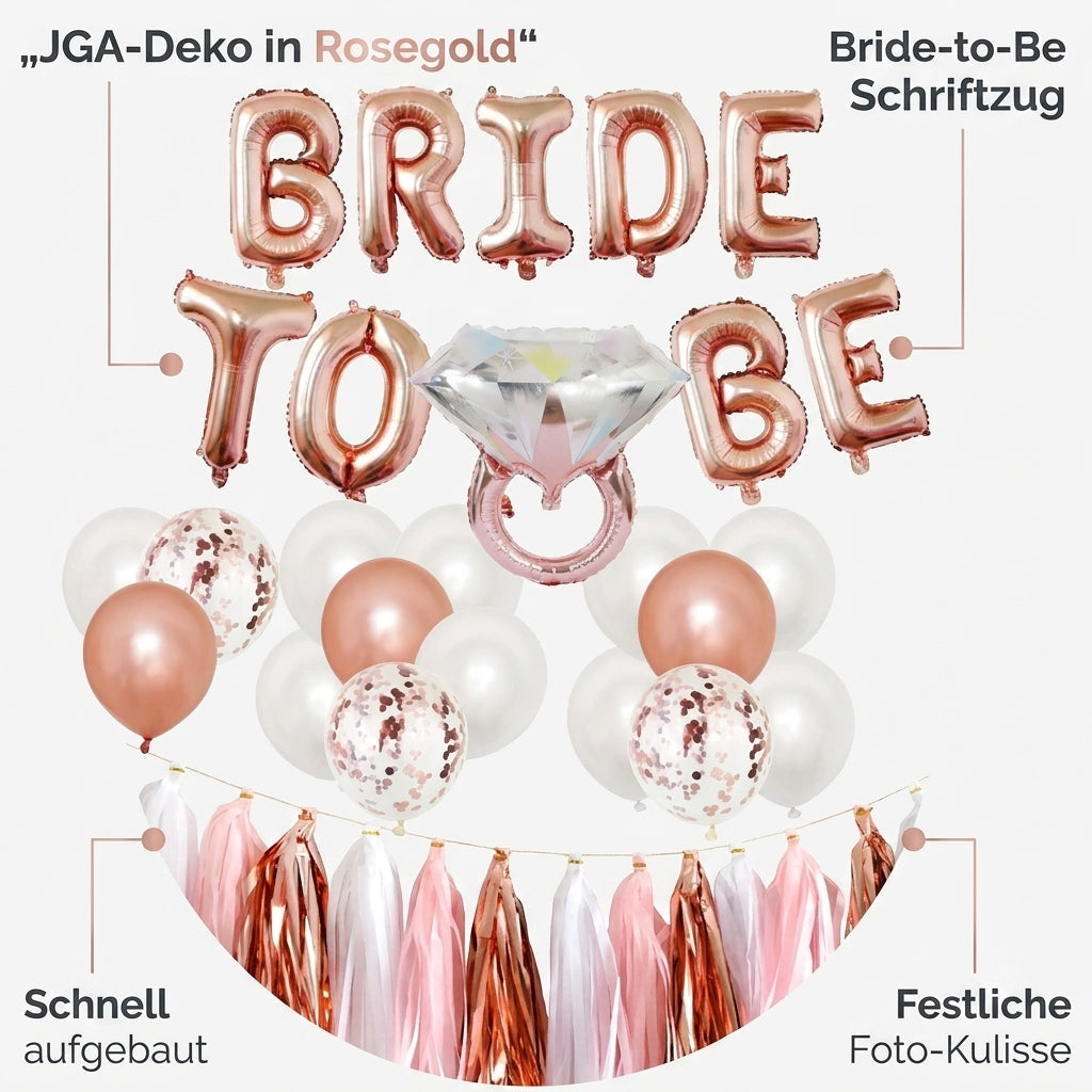Bride to Be Ballonset Nutzenbild JGA-Deko in Rosegold Bride-to-Be Schriftzug schnell aufgebaut festliche Foto-Kulisse