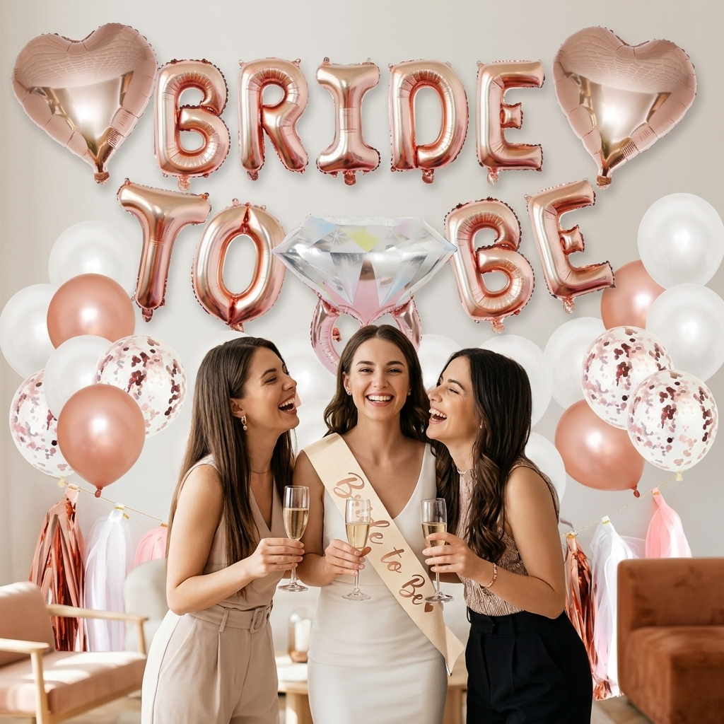Braut feiert mit Freundinnen vor dem Bride to Be Ballonset realistische JGA-Anwendung
