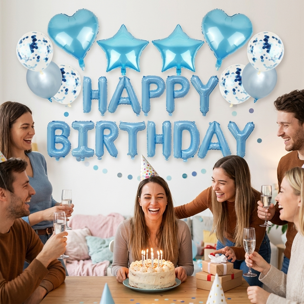 Geburtstagsfeier mit blauem Happy Birthday Ballonset als Kulisse und Torte realistische Anwendung
