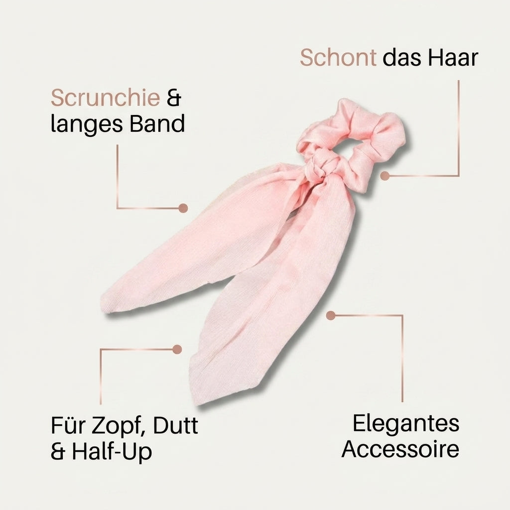 Elastischer Haarschal mit langem Band Nutzenbild Scrunchie und langes Band schont das Haar fuer Zopf Dutt Half-Up elegantes Accessoire