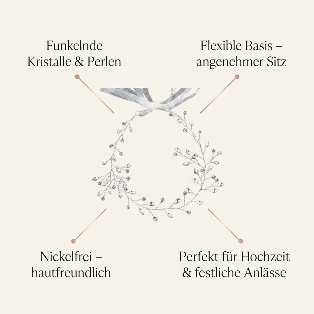 Kristall-Stirnband Nutzenbild funkelnde Kristalle und Perlen flexible Basis nickelfrei perfekt fuer Hochzeit