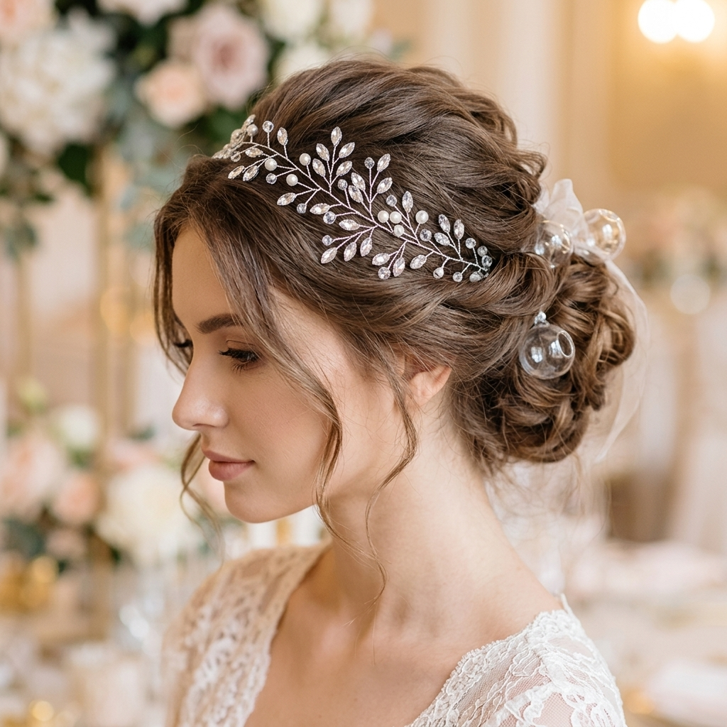 Braut mit Hochsteckfrisur traegt elegantes Kristall-Stirnband realistische Anwendung