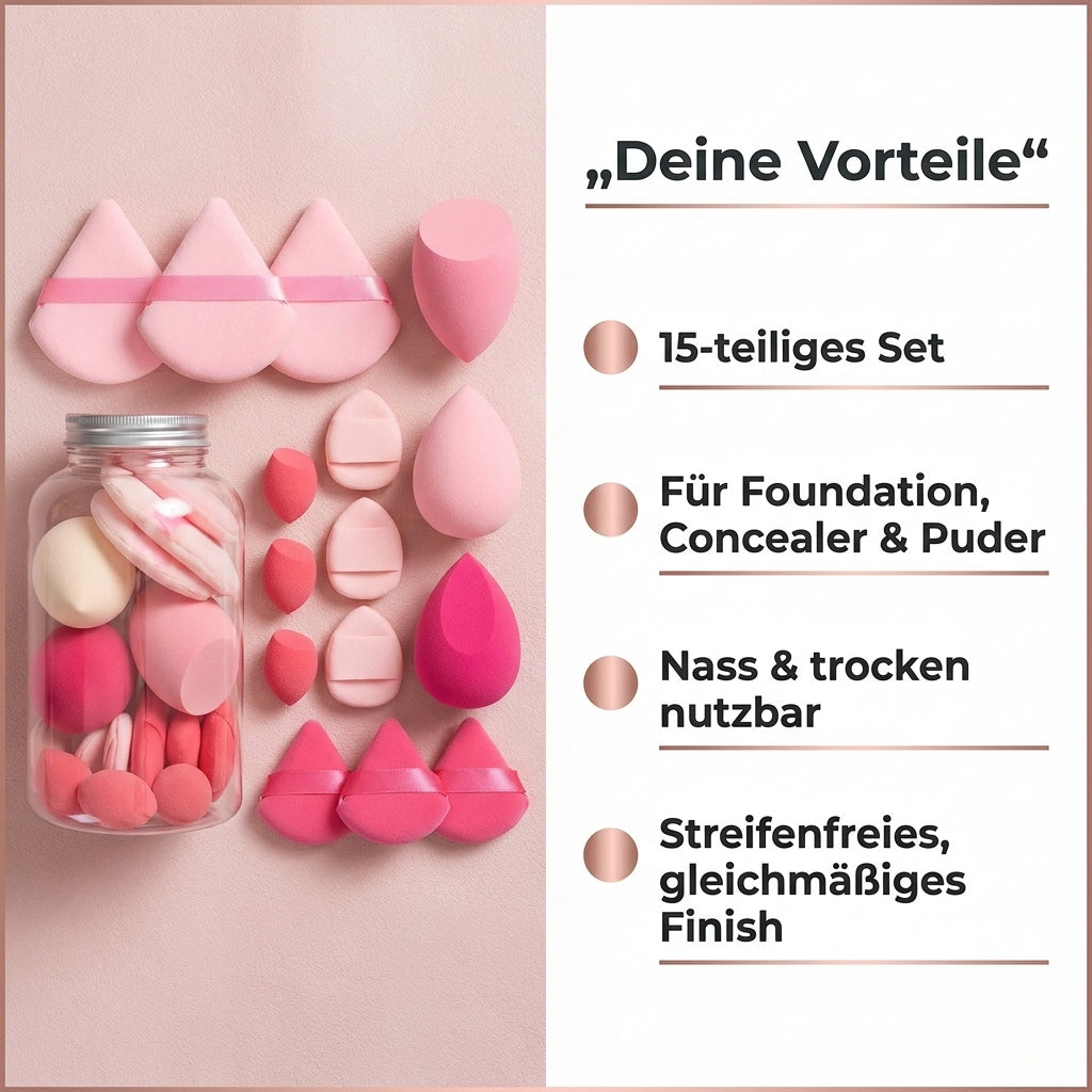 Make-up Schwaemmchen Set Pink Vorteile 15-teiliges Set fuer Foundation Concealer und Puder nass und trocken nutzbar streifenfreies Finish