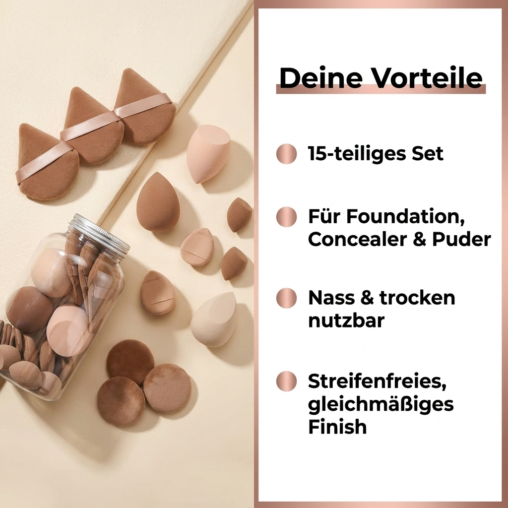 Make-up Schwaemmchen Set Braun Vorteile 15-teiliges Set fuer Foundation Concealer und Puder nass und trocken nutzbar streifenfreies Finish