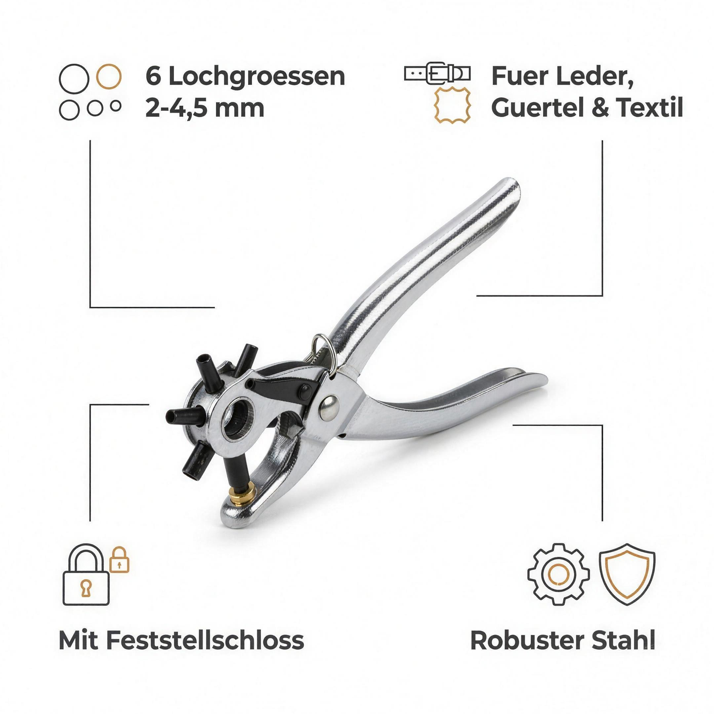 H-basics Revolverlochzange Vorteile: 6 Größen, Leder Gürtel Textil, Feststellschloss, robuster Stahl