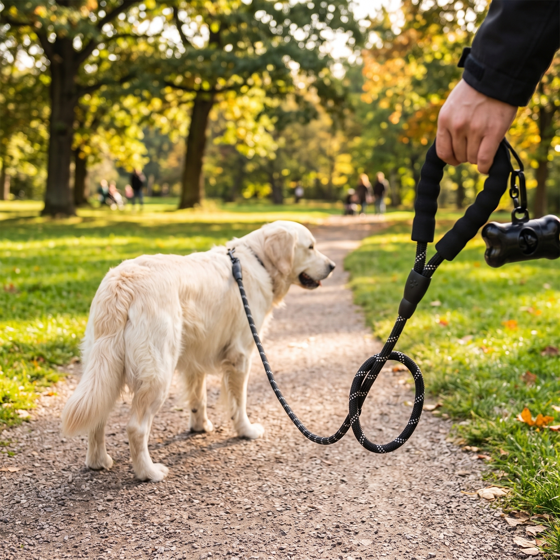 Großer Hund an der reflektierenden H-basics Schleppleine beim Spaziergang