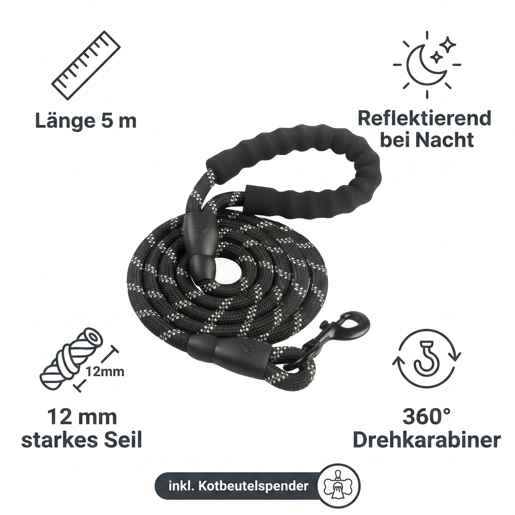Vorteile: 5 m Länge, reflektierend, 12 mm Seil, 360 Grad Drehkarabiner, inkl. Kotbeutelspender