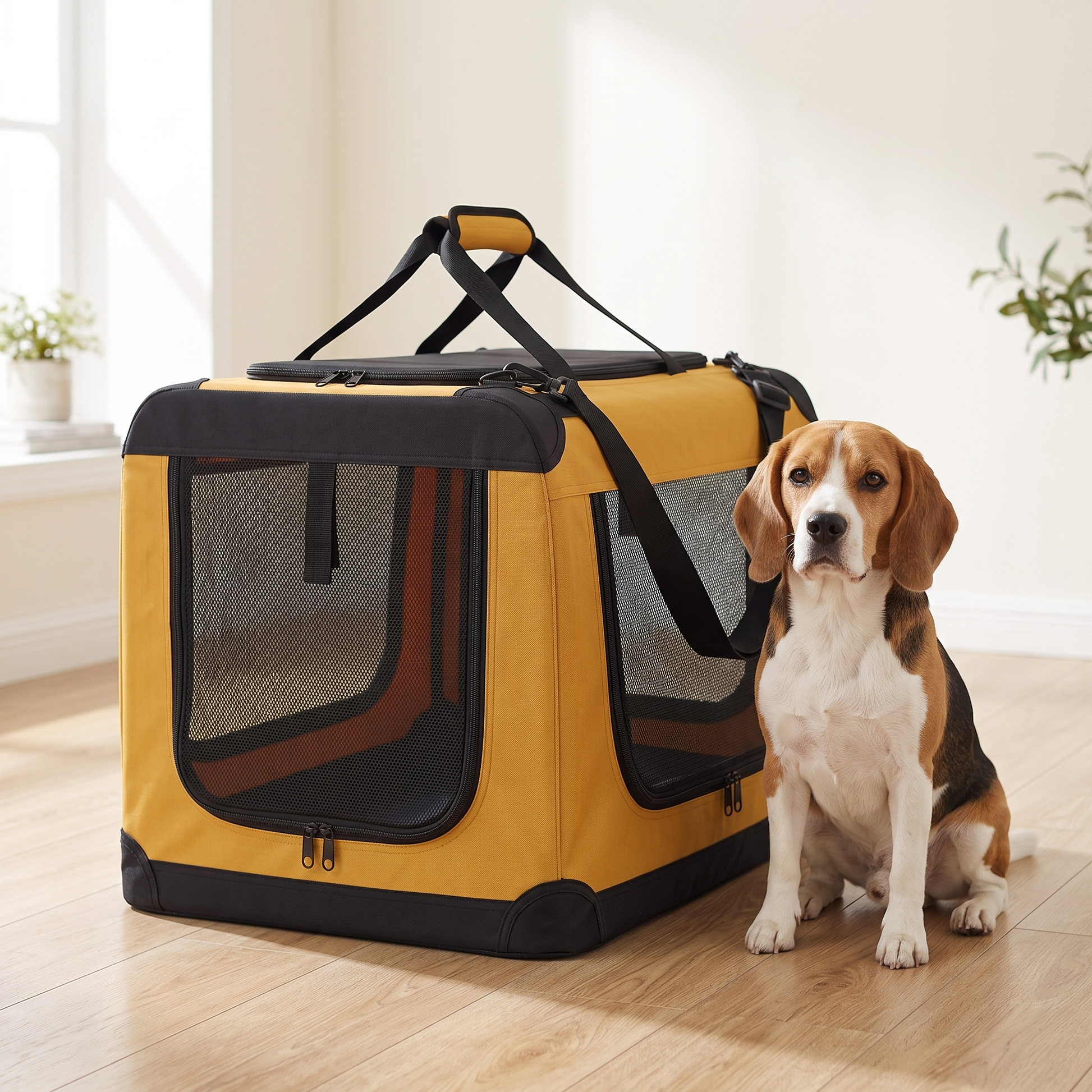 Groessenvergleich Transporttasche neben mittelgrossem Hund