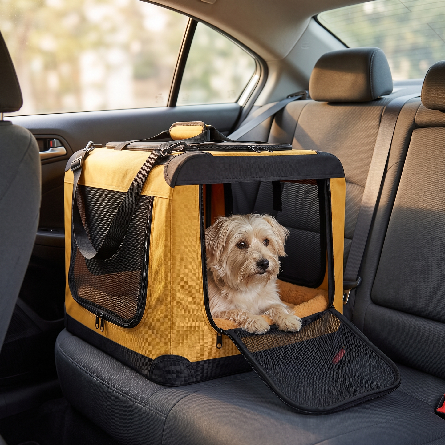 Transporttasche mit Hund auf der Autorueckbank