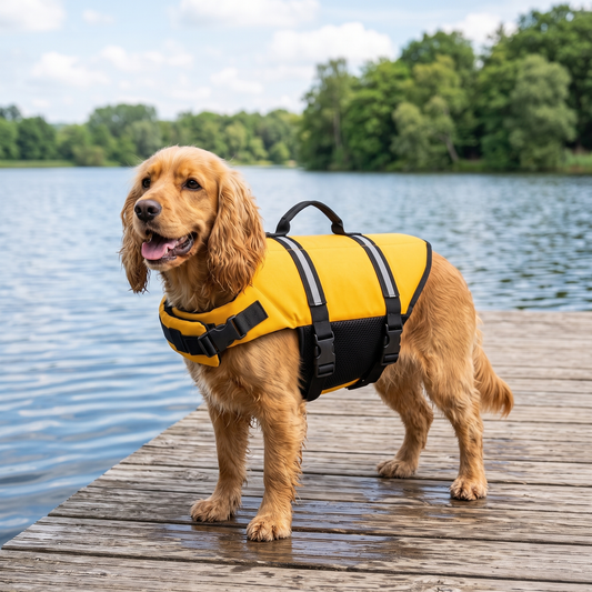 Hund mit gelber Schwimmweste Größe M am Ufer