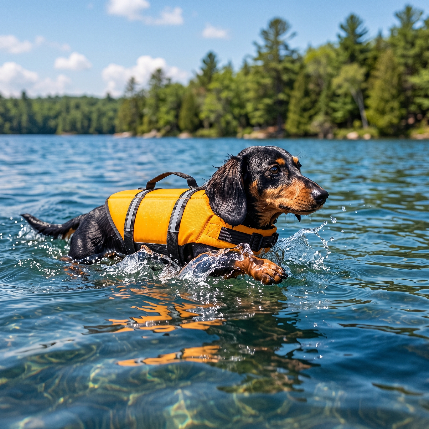 Hund schwimmt im Wasser mit H-basics Schwimmweste