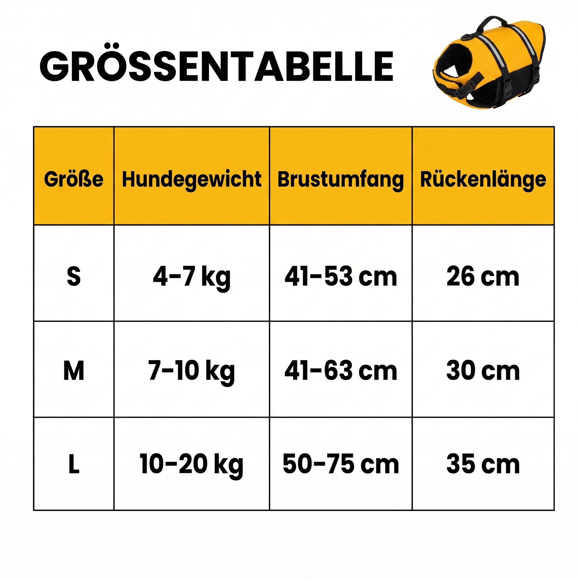 Größentabelle Hundeschwimmweste