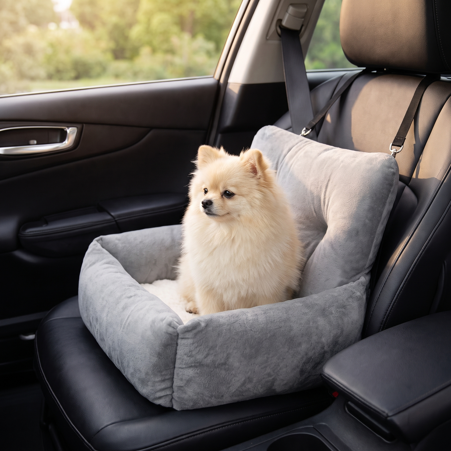 Kleiner Hund sitzt sicher im grauen Hundeautositz im Auto