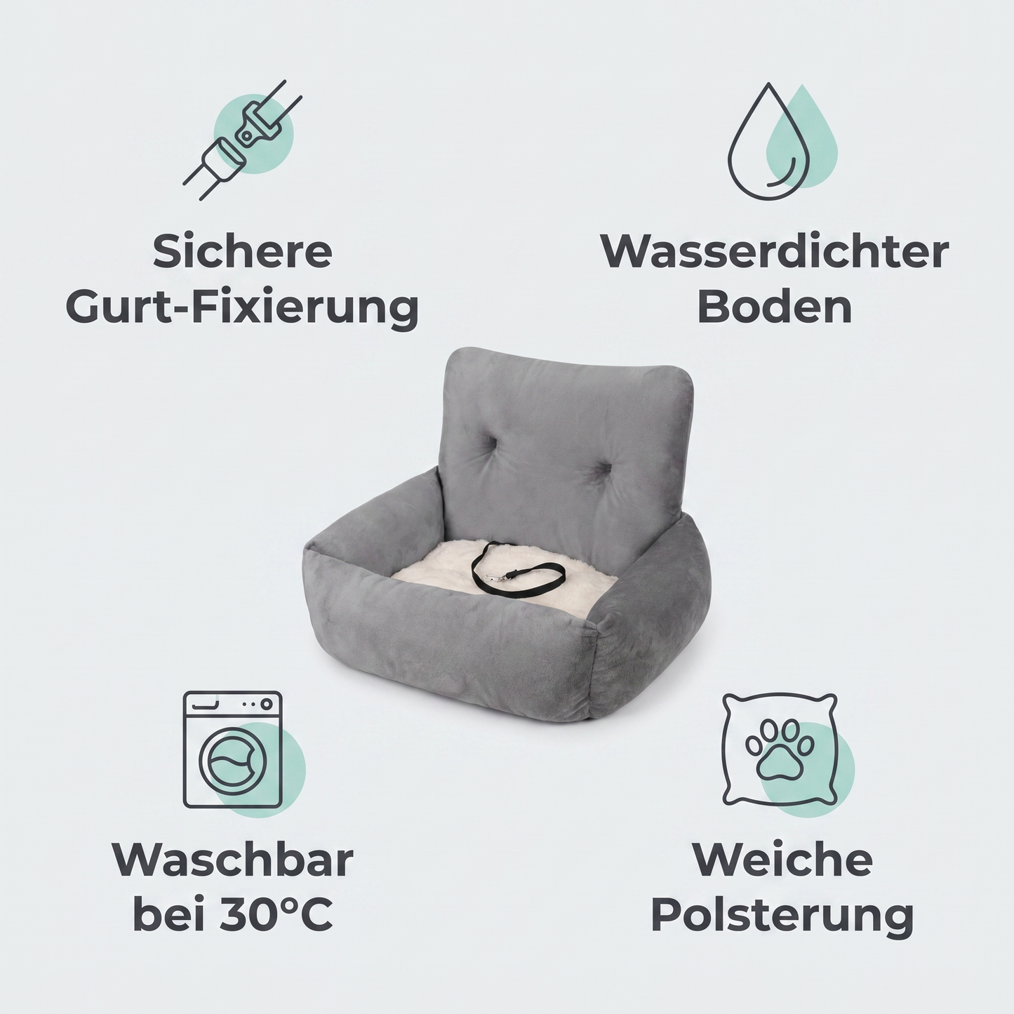 Vorteile: Gurt-Fixierung, wasserdichter Boden, waschbar 30°C, weiche Polsterung