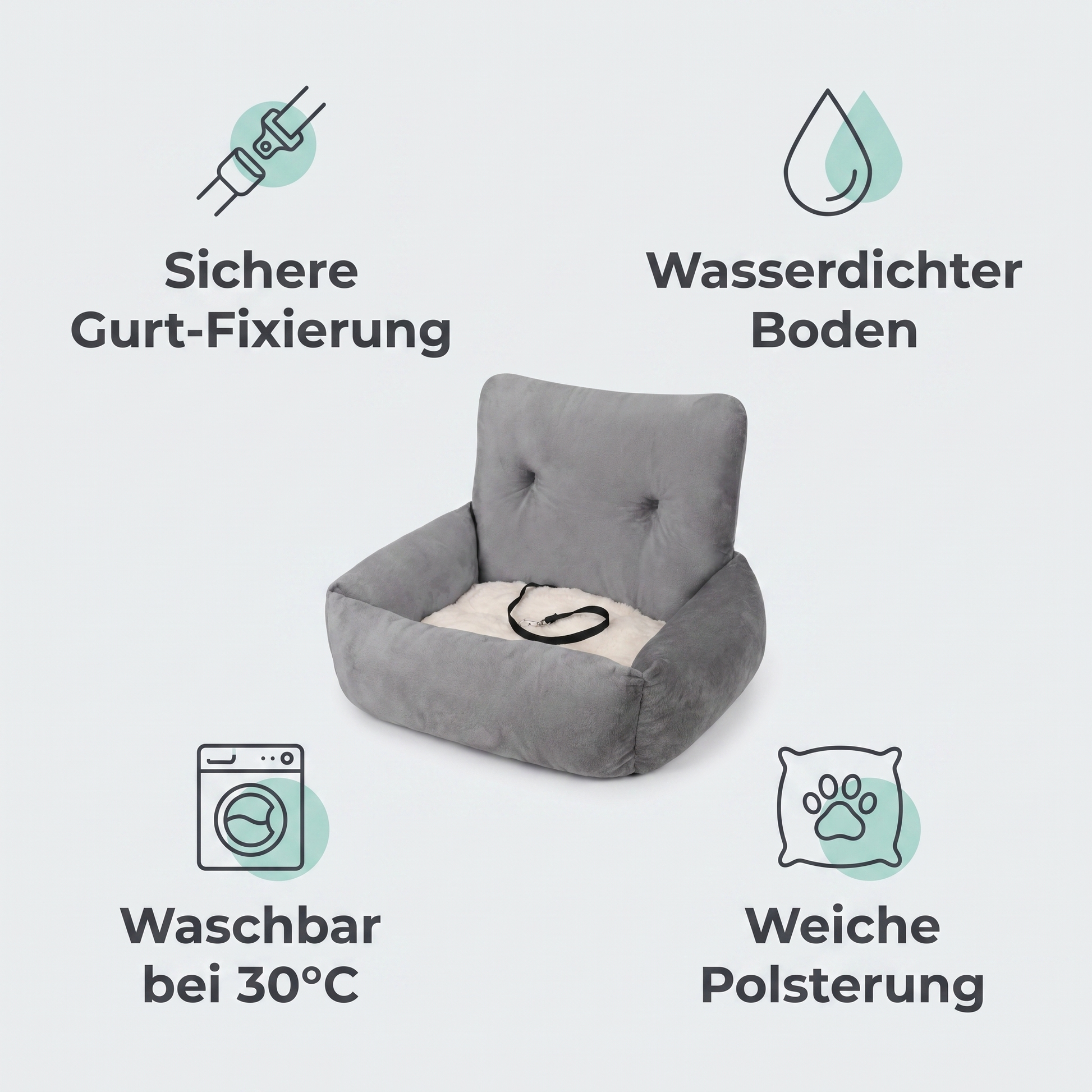 Vorteile: Gurt-Fixierung, wasserdichter Boden, waschbar 30°C, weiche Polsterung