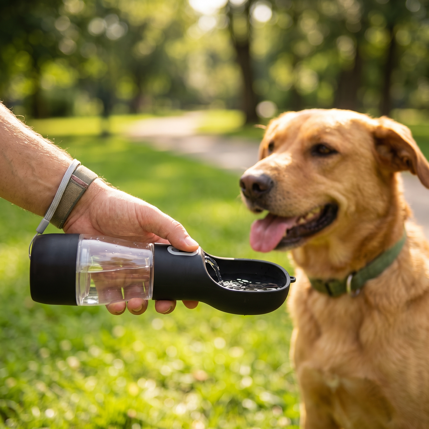 Hund trinkt aus der Reiseflasche im Park