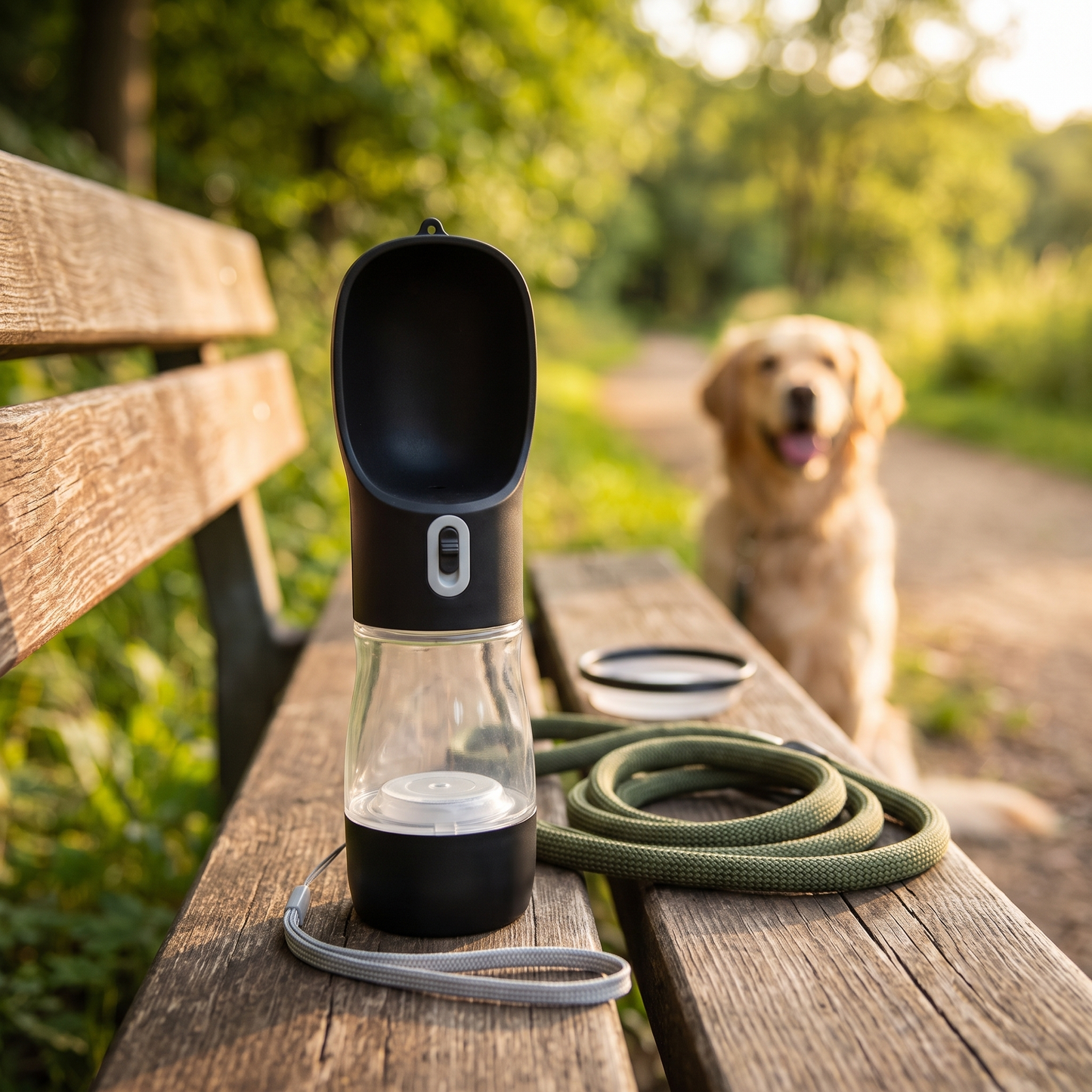 Hundeflasche auf Parkbank mit Leine Reise