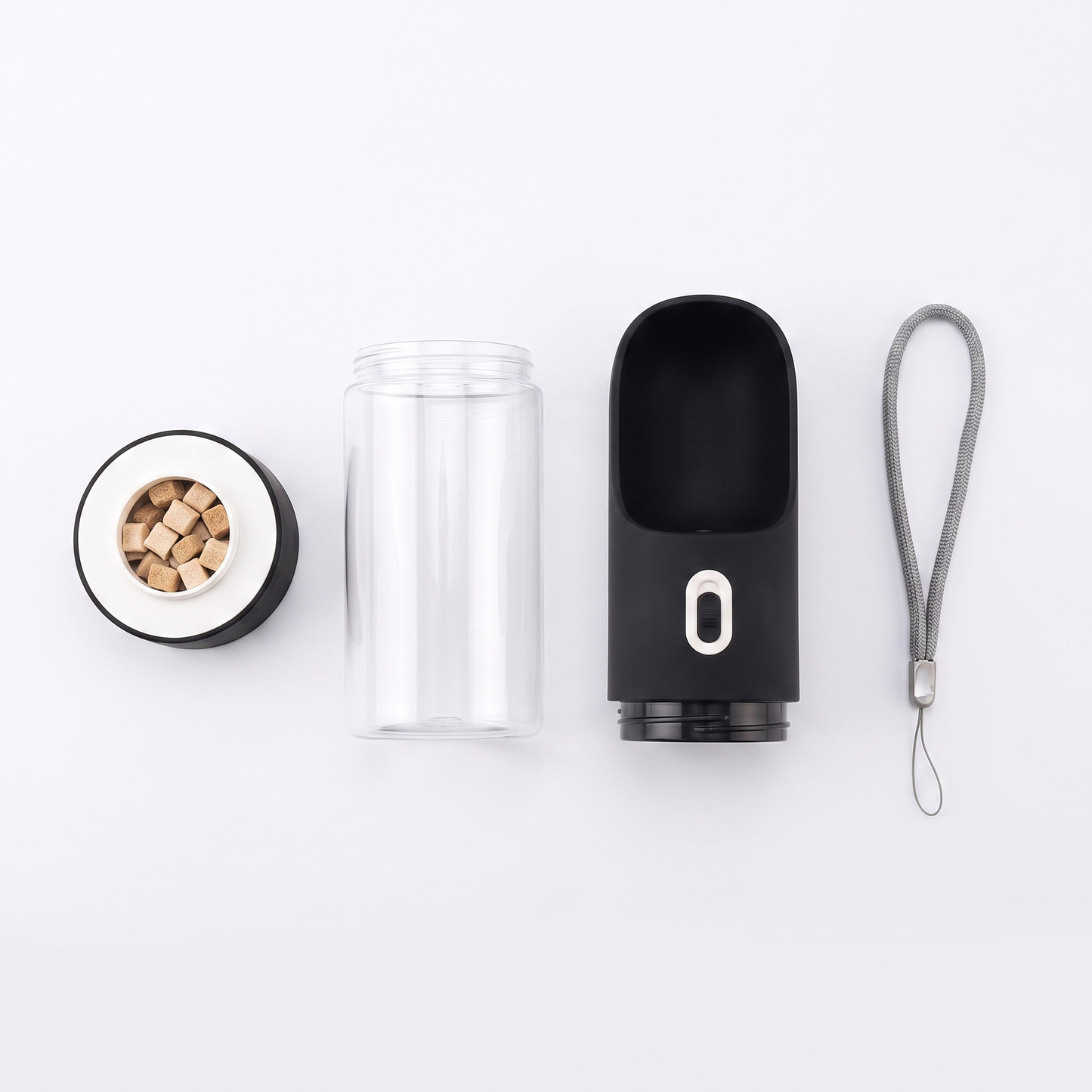 Lieferumfang: Flasche, Wassertank, Leckerli-Bodendeckel und Handschlaufe