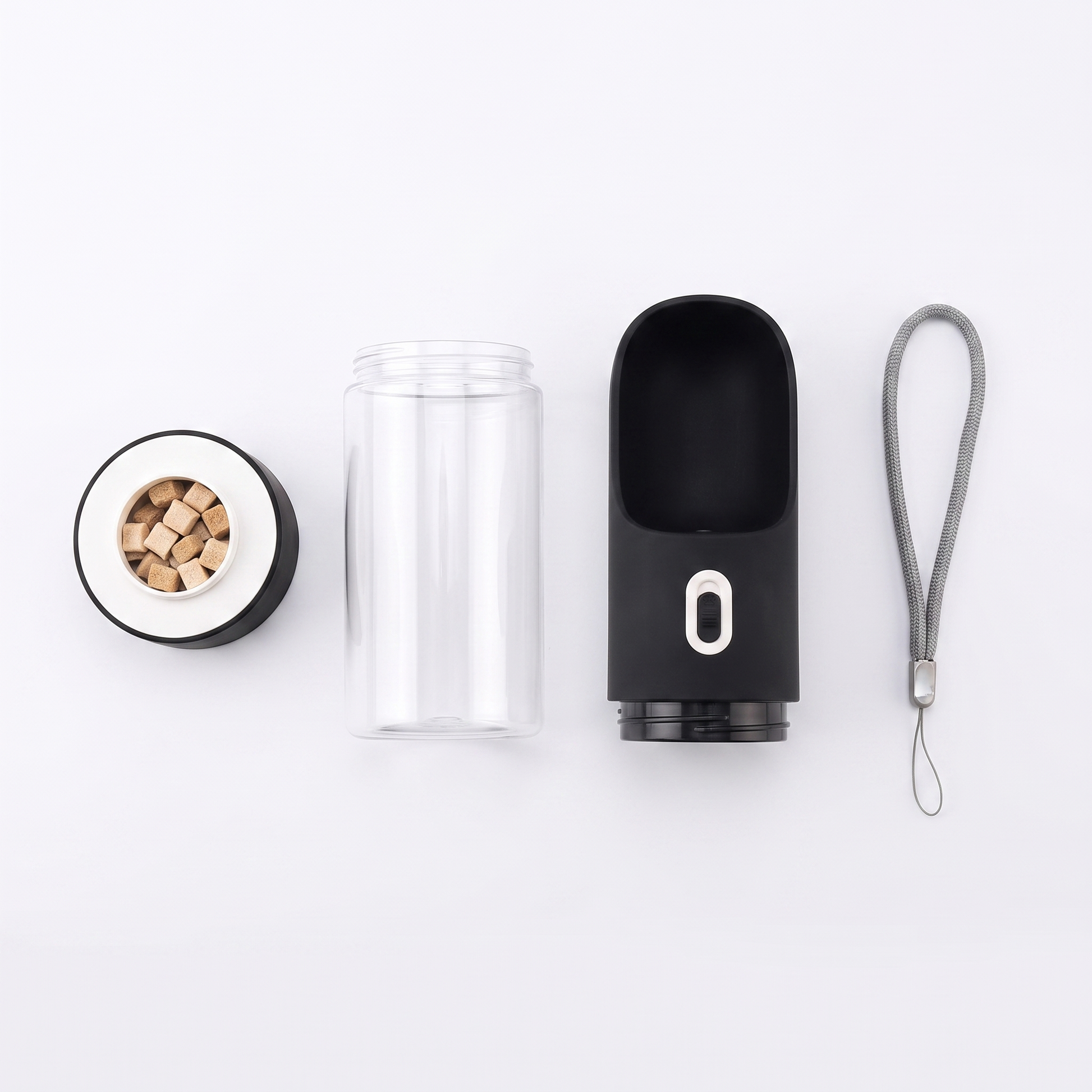 Lieferumfang: Flasche, Wassertank, Leckerli-Bodendeckel und Handschlaufe