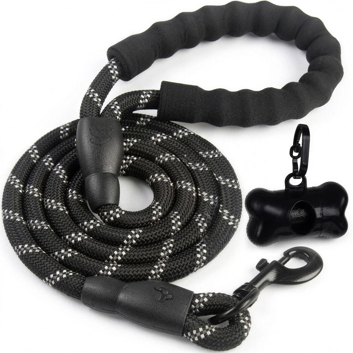 H-basics Trainingsleine 3 m reflektierend schwarz mit Schaumstoffgriff, Metallkarabiner und Kotbeutelspender