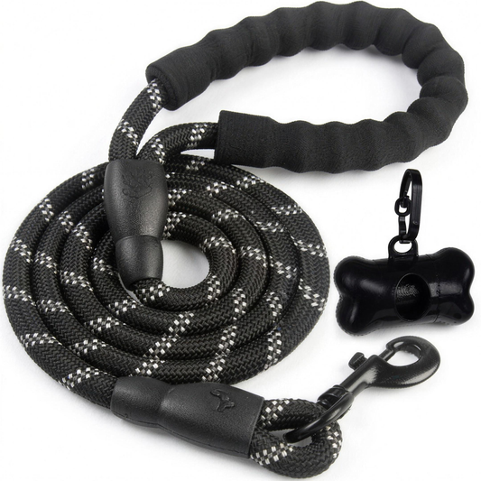 H-basics Trainingsleine 3 m reflektierend schwarz mit Schaumstoffgriff, Metallkarabiner und Kotbeutelspender