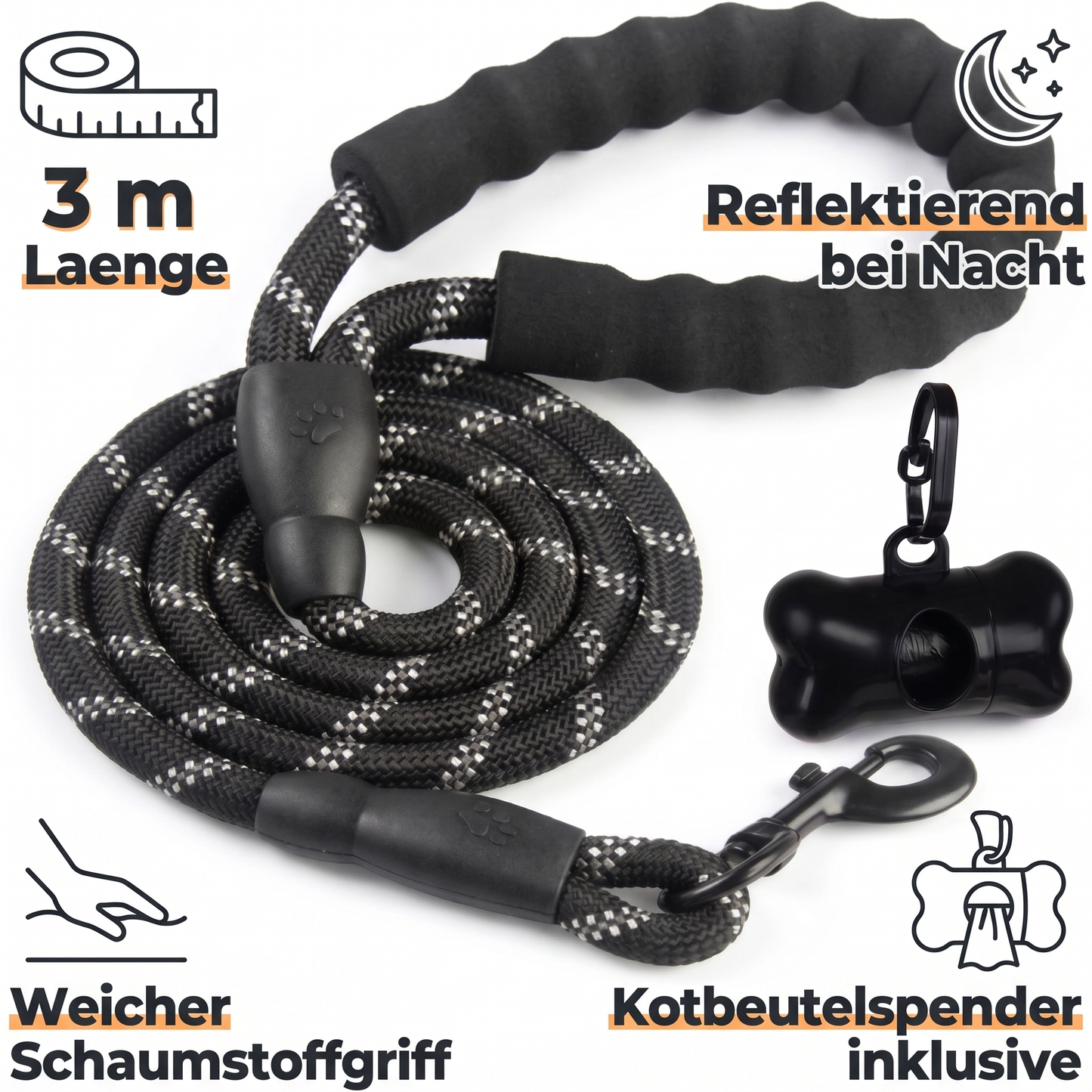 Vorteile der H-basics Trainingsleine: 3 m, reflektierend, Schaumstoffgriff, Kotbeutelspender