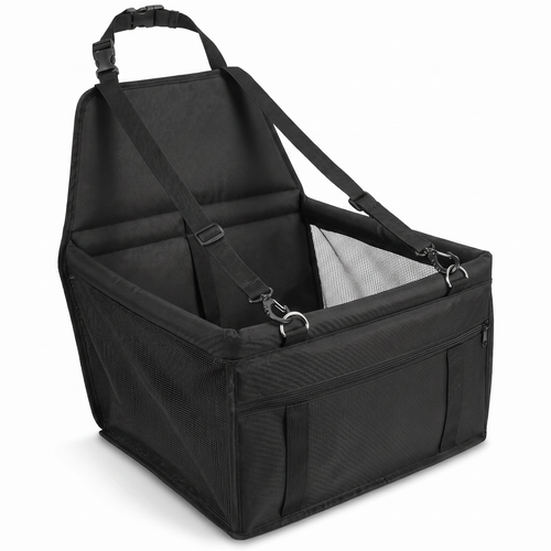 H-basics Hundeautositz Transporter Auto für kleine Hunde & Katzen – wasserdicht, mit Netz, Sicherheitsgurt & Fronttasche, 40×40×32 cm, Schwarz