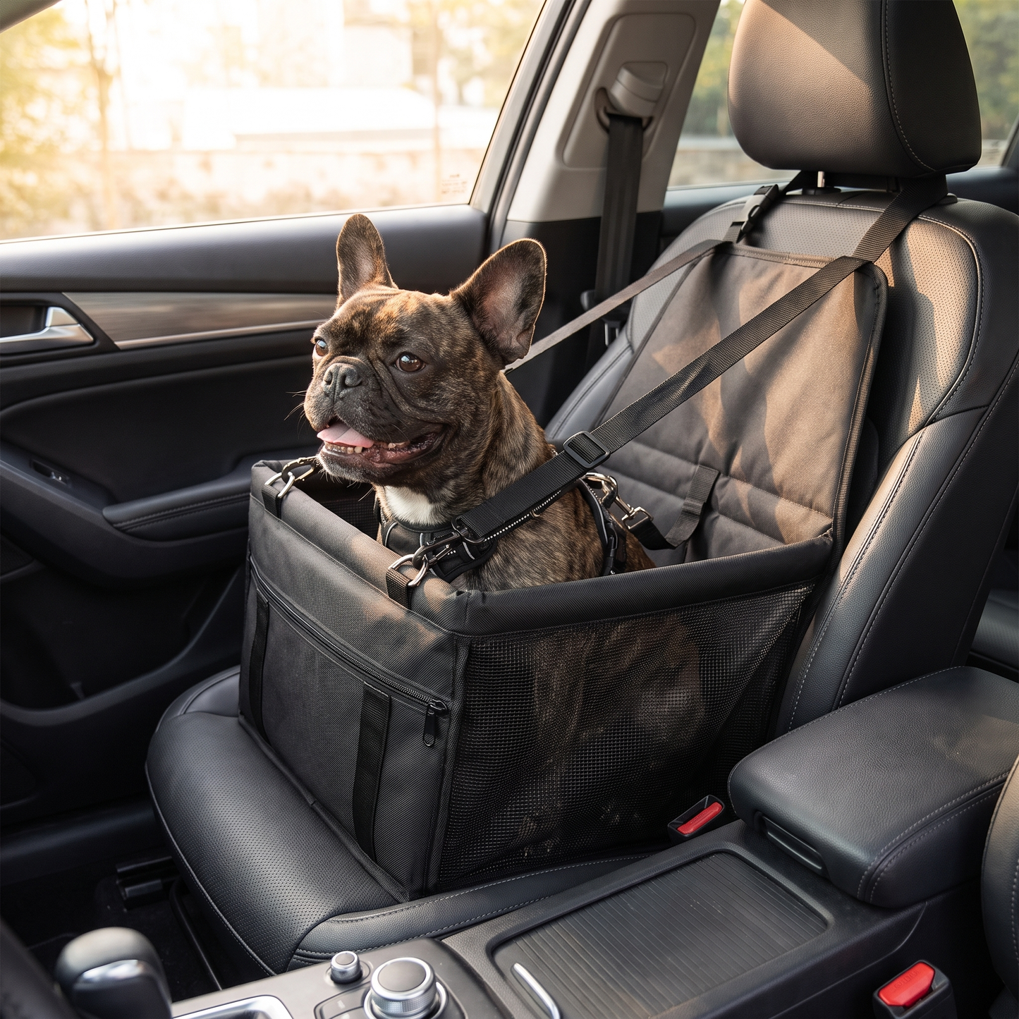 Kleiner Hund sitzt sicher im H-basics Hundeautositz im Auto
