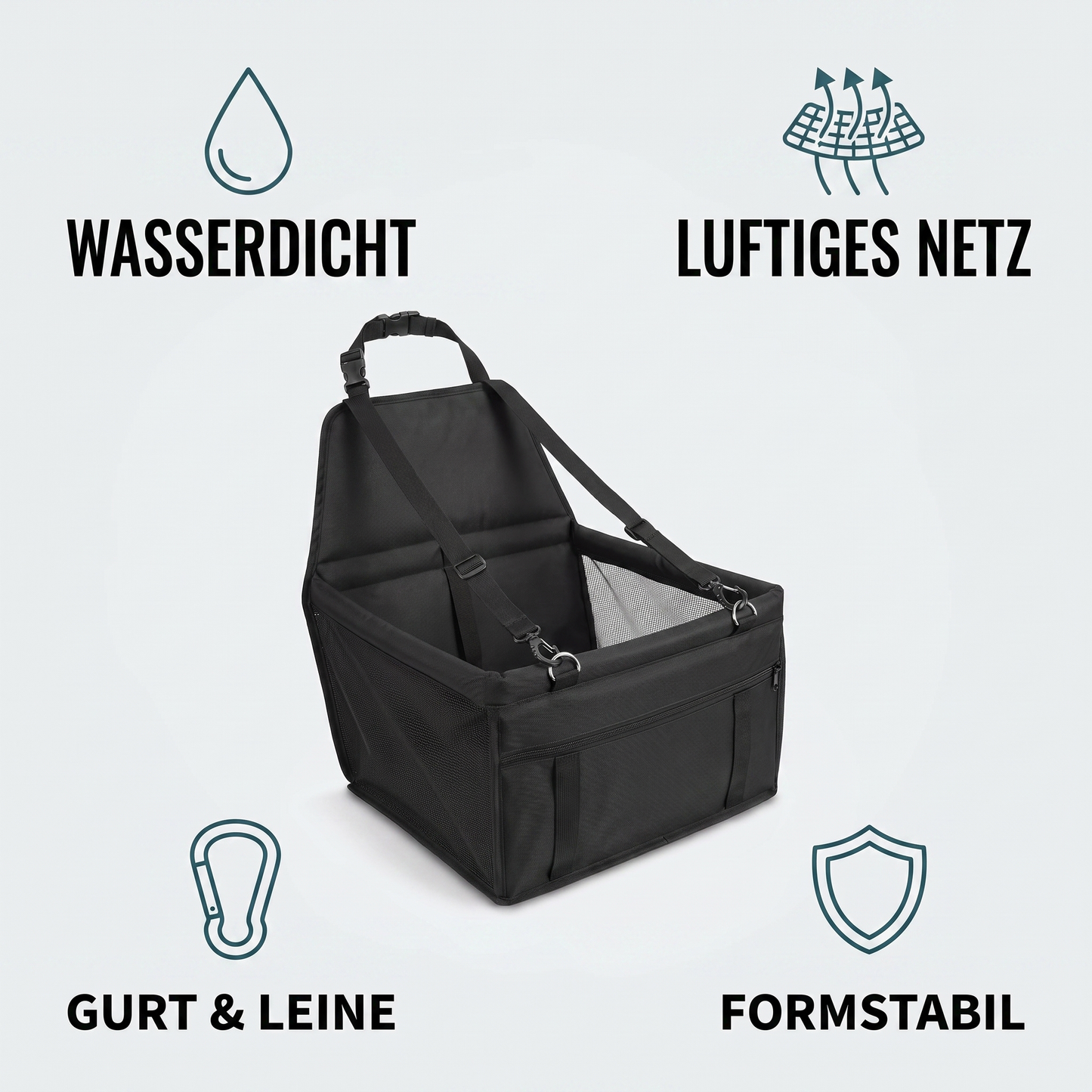 Vorteile: wasserdicht, luftiges Netz, Gurt und Leine, formstabil