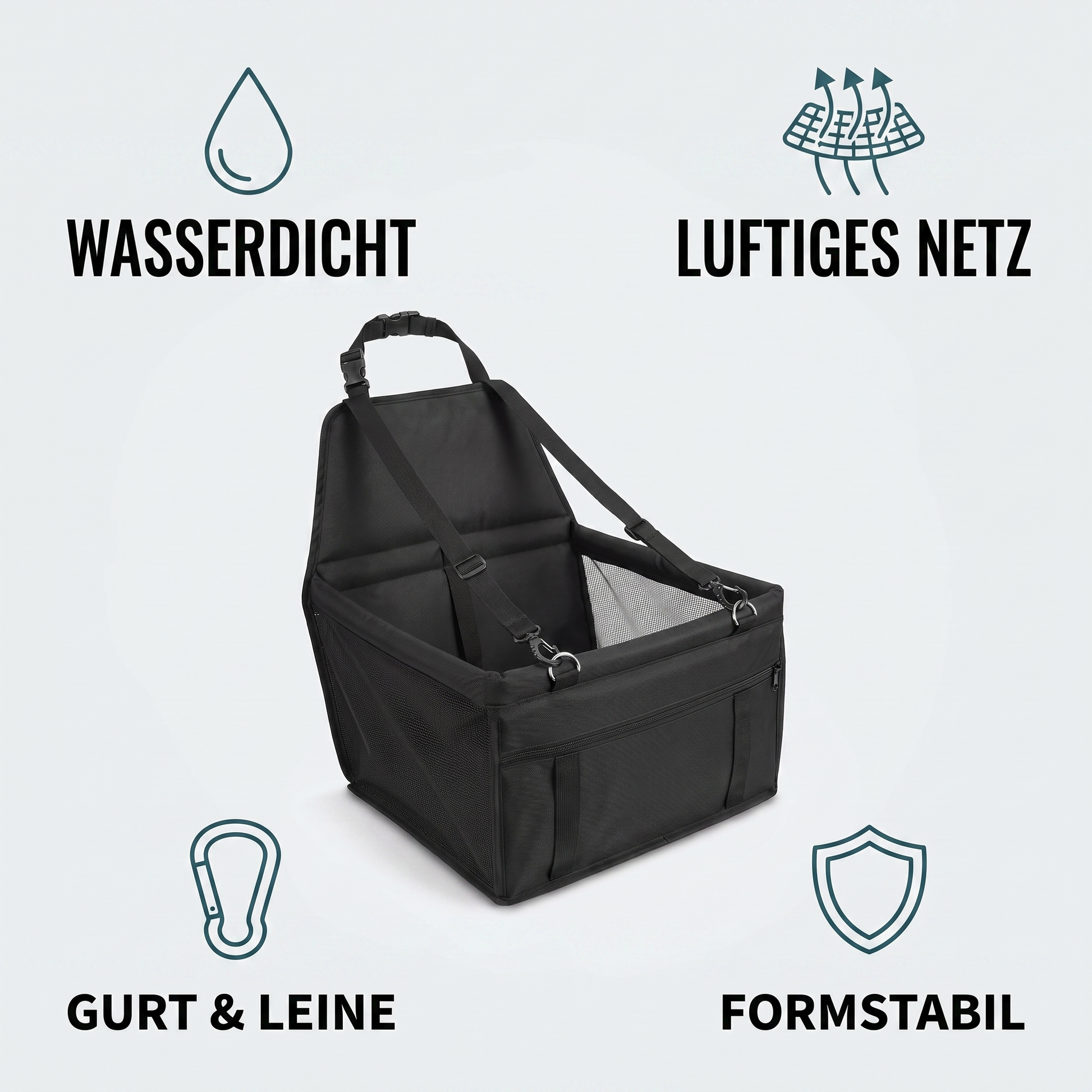 Vorteile: wasserdicht, luftiges Netz, Gurt und Leine, formstabil