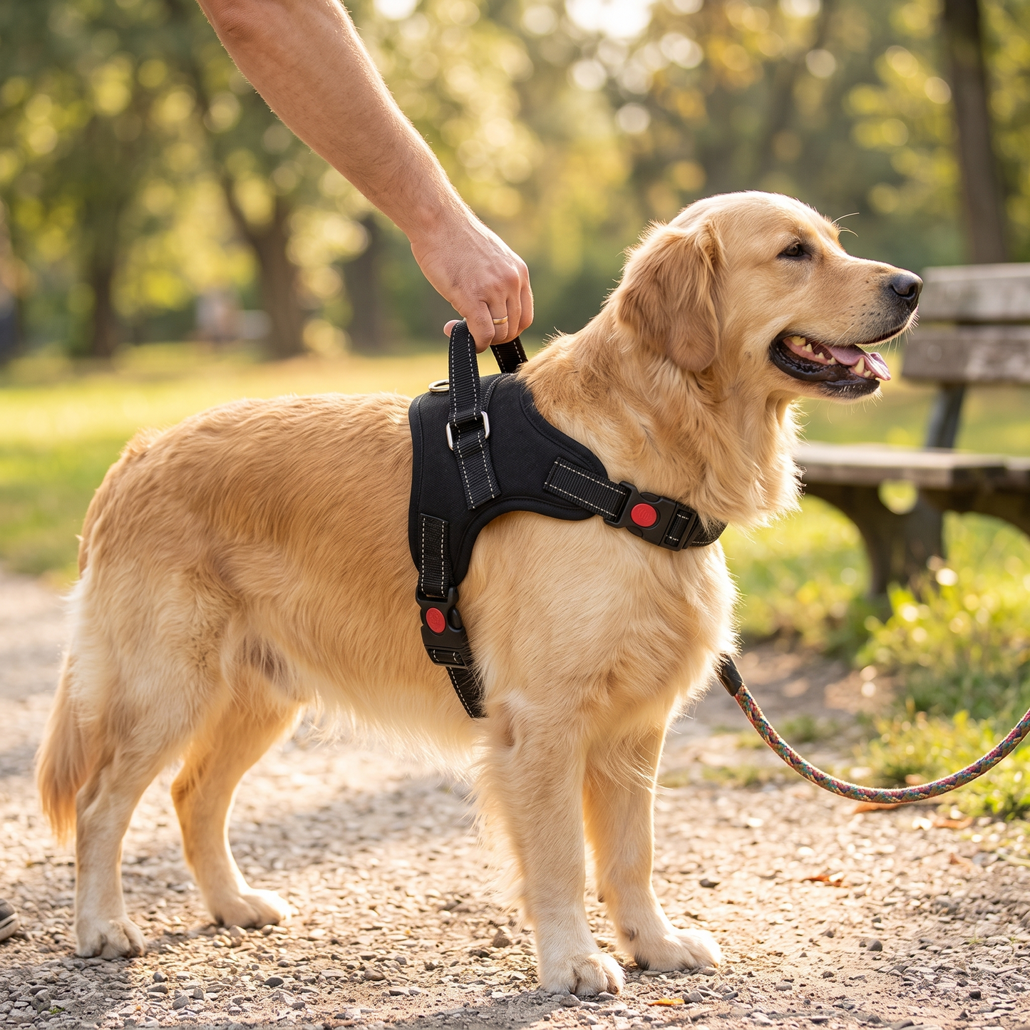Großer Hund trägt das schwarze H-basics Anti-Zug-Geschirr, Hand am Haltegriff