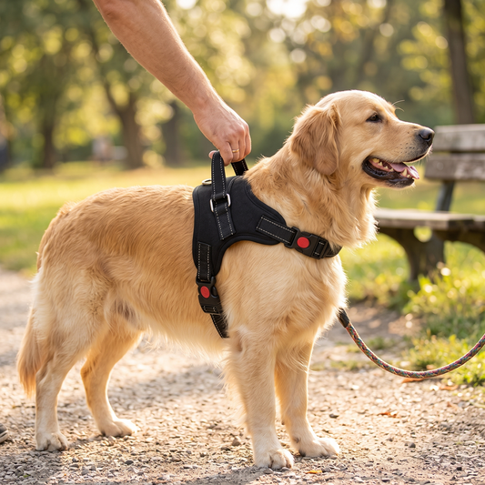 Großer Hund trägt das schwarze H-basics Anti-Zug-Geschirr, Hand am Haltegriff