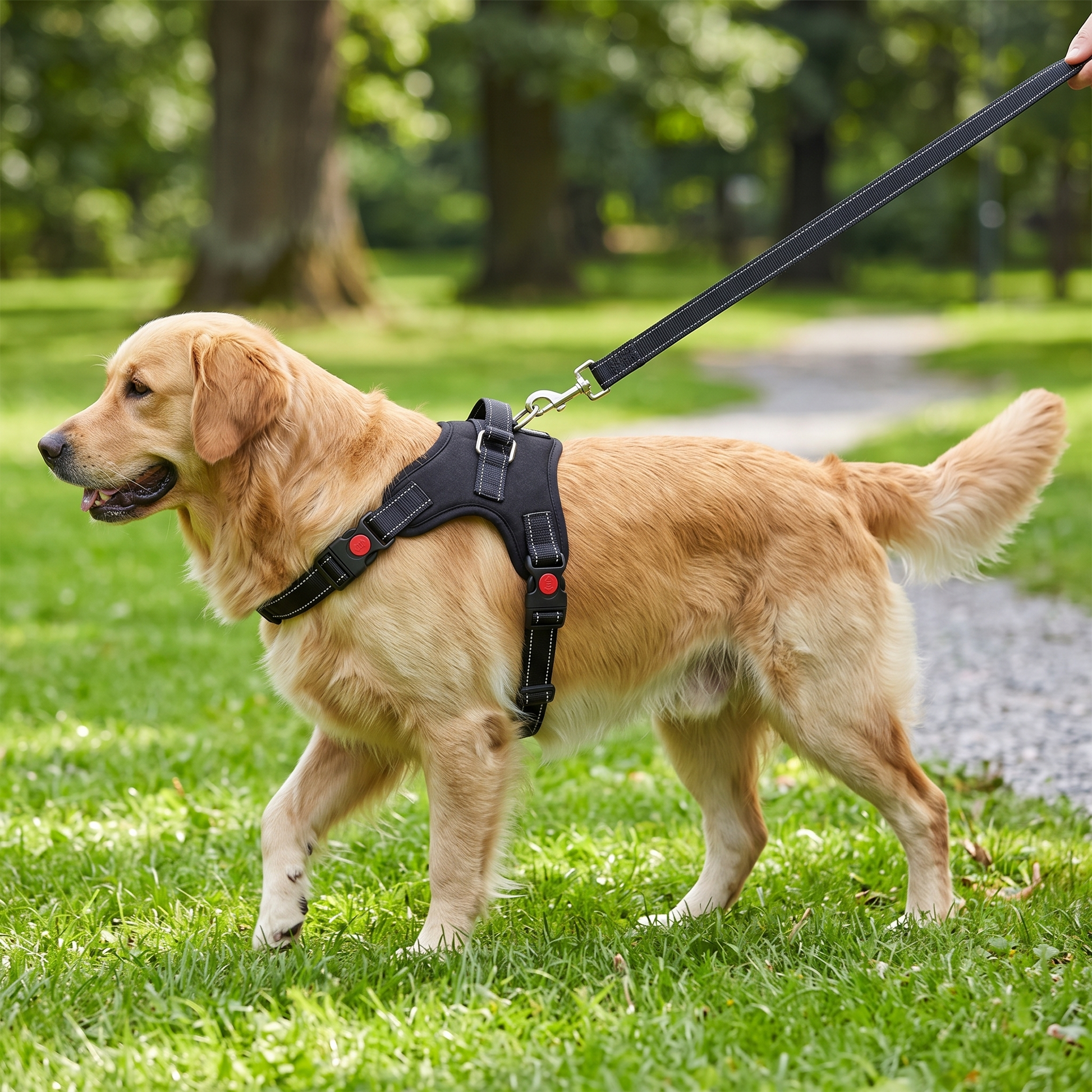 Hund läuft im Park mit angelegtem Geschirr und Leine
