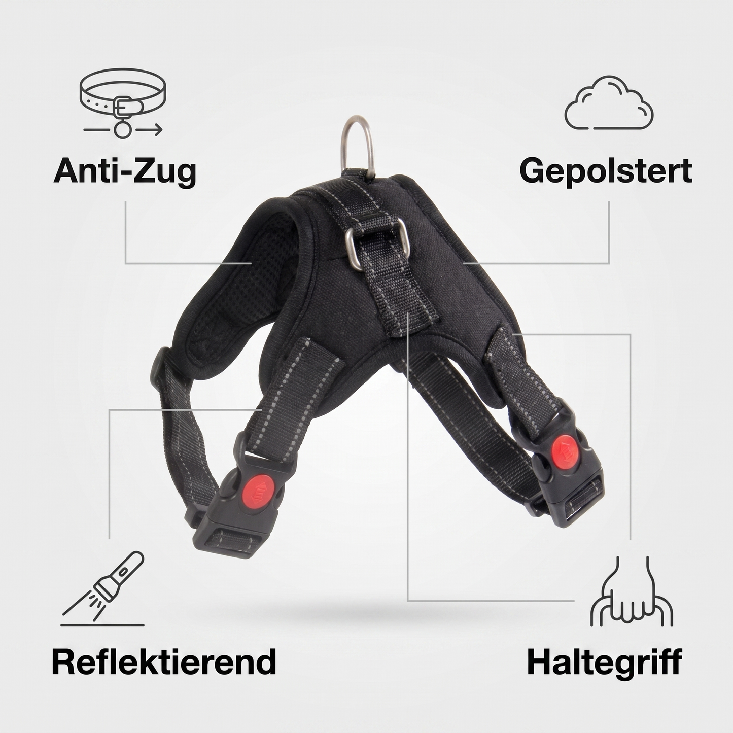 Vorteile: Anti-Zug, gepolstert, reflektierend, Haltegriff